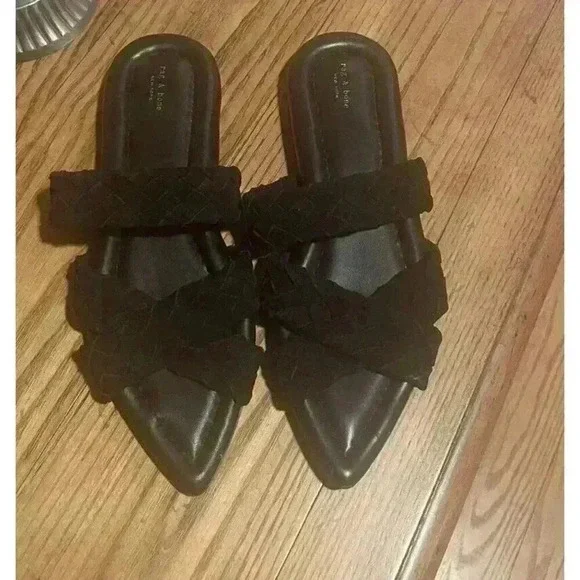 NEW RAG & BONE Lewis Black Braided Suede Pointed Toe Slide Sandal Sz 37 1/2 - Picture 9 of 11